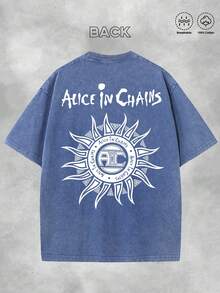 Alice In Chains Album Cover Print T-Shirt, 90s Garbage Rock Retro Style Round Neck Short Sleeved T-Shirt, 230g Washed Cotton Double-Sided Printed T-Shirt, High-Quality Retro Men's T-Shirt, Summer Essential Fashion Item, Retro Band T-Shirt Collector, 90s Garbage Rock Music Enthusiast, Best Gift For Friends, Men's Gift - 寶藍色 - 查看 2
