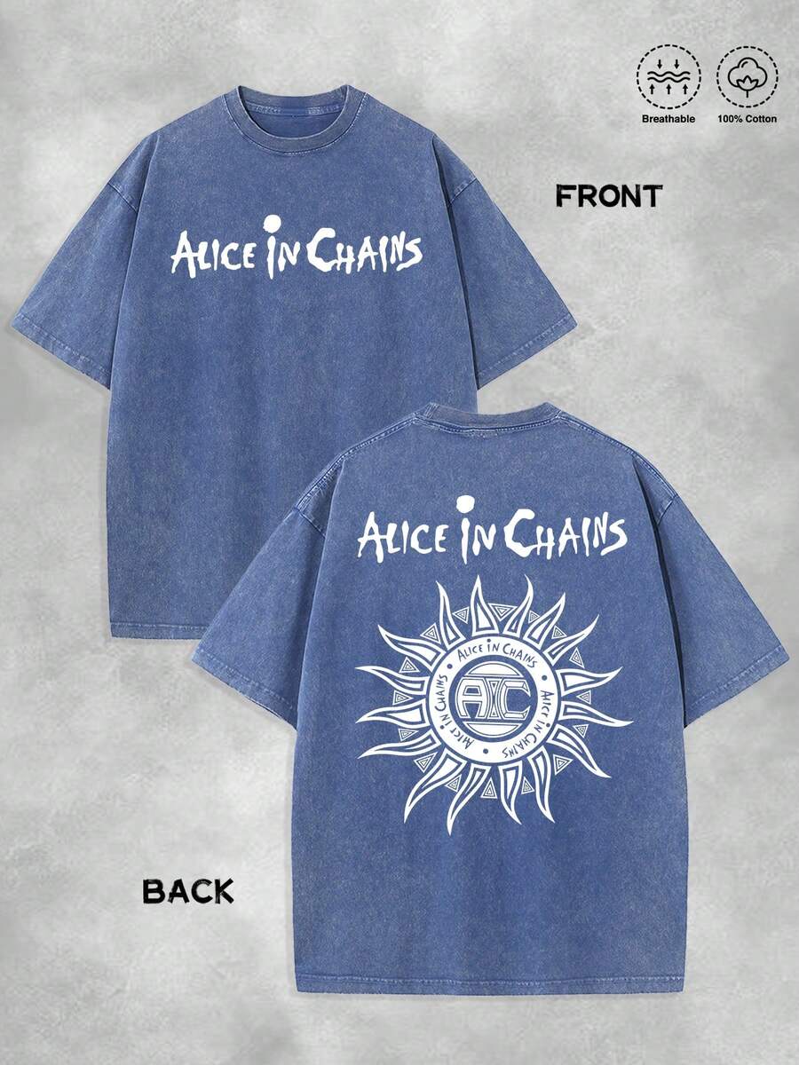 Alice In Chains Album Cover Print T-Shirt, 90s Garbage Rock Retro Style Round Neck Short Sleeved T-Shirt, 230g Washed Cotton Double-Sided Printed T-Shirt, High-Quality Retro Men's T-Shirt, Summer Essential Fashion Item, Retro Band T-Shirt Collector, 90s Garbage Rock Music Enthusiast, Best Gift For Friends, Men's Gift - 寶藍色 - 查看 1