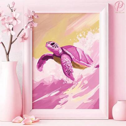 1pc Pink Sea Turtle Art Poster Or Canvas Wall Art, Suitable For Modern Kids Room, Filled With Abstract Seascape, Pink Art Style, Kids Room Decor