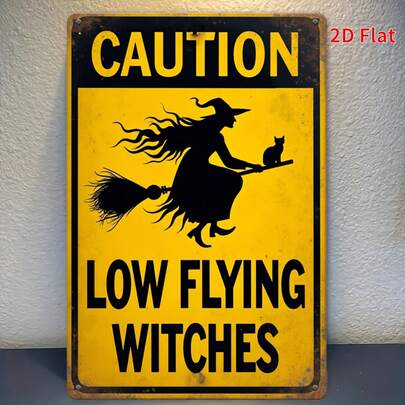 1pc 2D Flat Witch Low Flying Warning Sign - Metal Witch With Broom Decor - Vintage Low Flying Witch Warning - Indoor/Outdoor Halloween And Christmas Decoration - 8"X12" Witch Theme Metal Art, Suitable For Home, Bar, Cafe, Farmhouse - Witchcraft Party Decor - Includes Easy Installation Accessories, 2D Flat, Perfect For Room Decoration