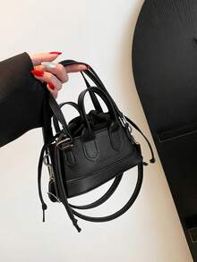 Fashionable Solid Color PU Drawstring Mini Handbag, Metallic Color Crossbody Shell Bag For Women - Black - View 10
