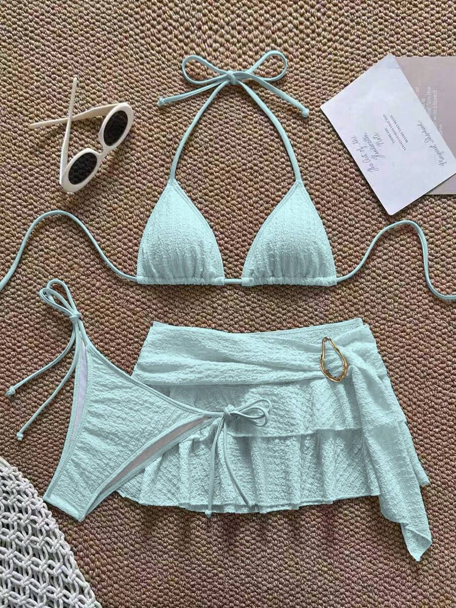 3 piezas Conjunto de bikini casual de tela especial para fiesta en la playa, ropa de playa de unicolor para vacaciones de verano - Celeste - Ver 1