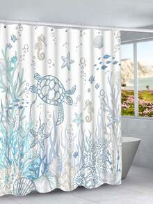 1pc Nautical Coastal Sea Turtle Shower Curtain, Ocean Theme Bathroom Window Curtain With Coral Starfish Seashells, Underwater Seahorse Shower Curtain, Bathroom Decor With 12 Hooks, Bathroom Accessories - Multicolor - View 4