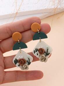 1 Pair Handmade 3D Floral Relief Geometric Patchwork Contrasting Color Retro Countryside Style Earrings, Suitable For Artistic Outfits, Markets, Daily Commute - Multicolor - View 7