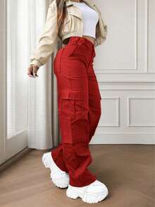 Red Multi-Pocket Buttoned Casual Y2K Elegant And Cute Lightweight Work Pants. Suitable For Back-To-School, Graduation, Clubs, Birthday Parties, Halloween, New Year, Thanksgiving, Concerts, Gyms, Beaches, Vacations, Business, Daily Going Out, Sports, Airport Wear, Street Style, Teacher's Day, Spring, Summer, Autumn And Winter. - Red - View 3