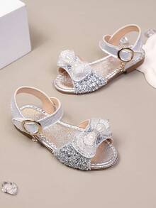 2026 Summer Girls' Rhinestone Bow Princess Sandals, Soft Sole Non-Slip Children's Performance Shoes - Silver - View 3