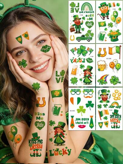 6Sheets St. Patrick's Day Temporary Tattoo Stickers, Irish Festival Shamrock Irish Flag Green Clover Festival Celebration Pattern, Waterproof Sweatproof Party Dress Up Temporary Tattoo Stickers