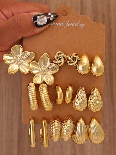 6/18pcs Women's Fashion Flower, Teardrop, C-Shape, Round Wrap Series Earring Set, Suitable For Daily And Festival Wear. Hypoallergenic 14K Gold Earrings, Elegant For Daily, Party, And Gift For Girlfriend/Mother