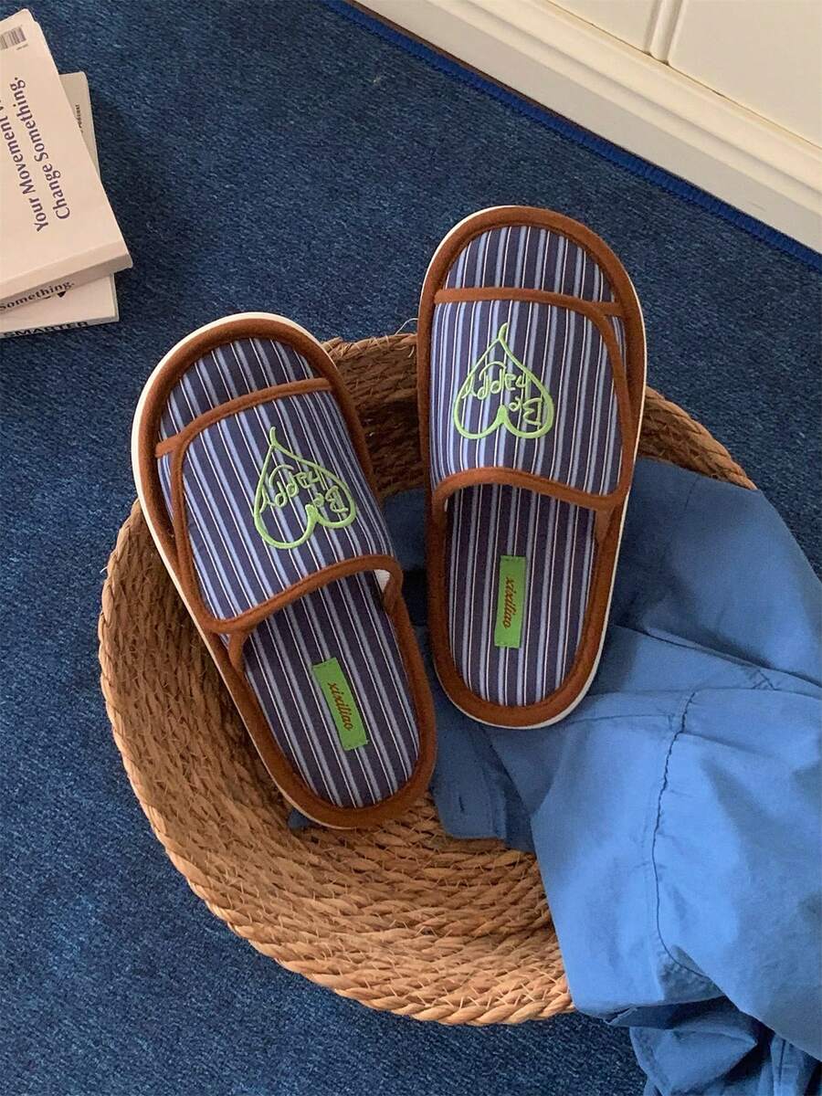 XIXITIAO Cute Style Adjustable Hook And Loop Home Slippers With Heart Pattern & Striped Design, Comfortable Soft-Soled, Stylish & Versatile