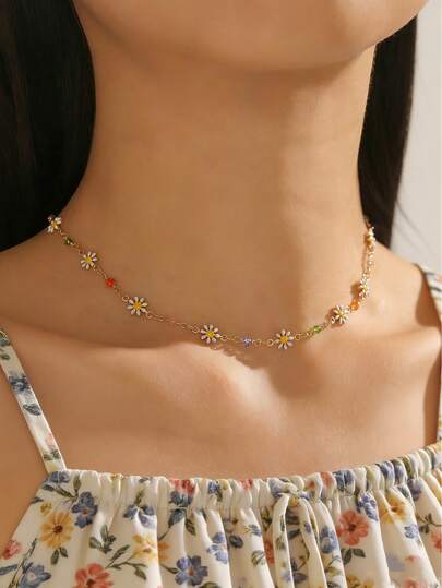 1件雏菊天然石珍珠项链，花卉春季项链，适合春夏海滩旅行和度假佩戴