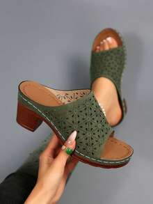 Vintage Hollow Out Chunky Heel Slide Sandals, Open Toe Mules, Casual High Heels - Navy Blue - View 1