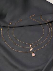 3pcs Sweet Pink Heart & Water Drop Pendant Necklace Set, Fashionable Layered Necklaces, Stainless Steel Choker Necklaces Suitable For Daily, Festival, Party Gift - Necklace Set - View 3