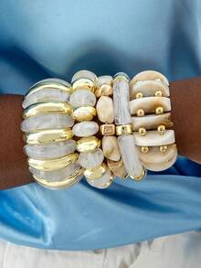 imoli 5pcs/6pcs Set Minimalist Fashion CCB Curved Tube Faux Pearl Geometric Retro Niche Bracelet Set, Versatile For Daily Wear, Casual, Party, Gift - Multicolor - View 9