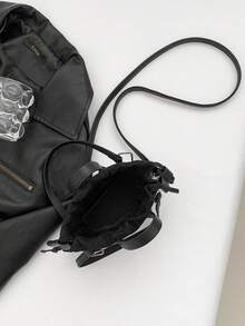 Fashionable Solid Color PU Drawstring Mini Handbag, Metallic Color Crossbody Shell Bag For Women - Black - View 7