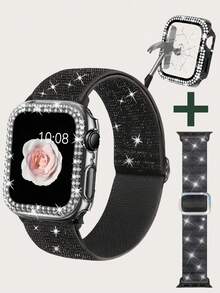 二合一玻璃表壳 + 闪亮弹力表带，兼容 表带 40mm 41mm 42mm 44mm 45mm 46mm，兼容 Series 11 10 9 8 7 6 5 4 3 SE，可调节尼龙腕带，搭配闪亮水钻表壳，专为女孩设计。 - 閃閃錶帶+閃閃錶殼 - 查看 28