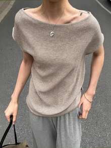 女士简约舒适短袖针织衫，宽松T恤，适合休闲、居家和通勤等多种场合，夏季百搭 - 卡其色 - 查看 7