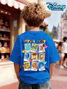 Disney Pixar Fest Double-Sided Print Crew Neck T-Shirt For Boys (Ages 4-12), 100% Cotton Short-Sleeved. The Back Features A Bold, Colorful "PIXAR FEST" Lettering, A Nine-Grid Framed Collection Of Characters (Sullivan, Buzz Lightyear, Remy, Dolly, Woody, Russell, WALL•E, Nemo, Sadness), And Colorful Mickey Mouse Head Balloons And Star Decorations. The Front Displays A Dynamic Image Of Woody And Buzz Lightyear Interacting Side-By-Side, With The "Toy Story" Text Logo At The Bottom. The Double-Sided Design Features All Pixar IPs And Core Characters From Toy Story. It Can Be Paired With Wide-Leg Jeans, Cargo Shorts, Or Casual Sportswear. Suitable For Theme Park Visits, Pixar Fest Parties, Family Trips, Daily Wear, School, Birthday Parties, And Outdoor Camping, This Top Is Skin-Friendly, Sweat-Wicking, And Breathable. With The Disney Channel Logo And Cartoon IP, It Is Also Great For School Breaks, Outdoor Running, Classmate Gatherings, And Weekend Walks. - Royal Blue - View 2