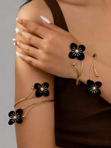 1 Set de brazalete y pulsera abierta con diseño de flor de gota de aceite, rojo y verde, diseño minimalista, versátil y de moda, adecuado para uso diario, fiestas y eventos de mujeres - Multicolor - Ver 8