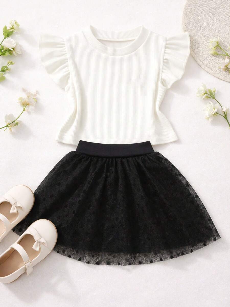 Girls' Outfit Set: Tulle Shorts Skirt With Ruffle And Cropped Top With Ruffled Frills, Pleated, Spring And Summer CJI043 - Black and Off - View 1