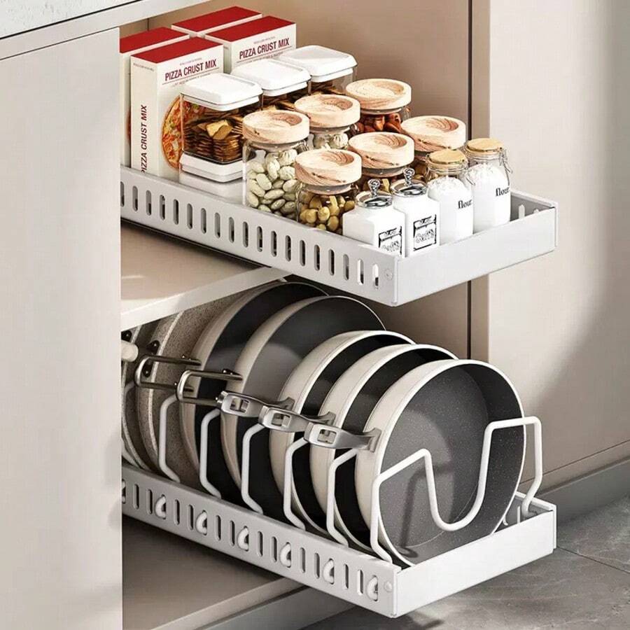 1pc Pull-Out Pot, Pan & Lid Organizer Rack, With Sliding Lid & Pot Holders, For Cabinet Storage Of Cookware, Bakeware, Utensils - White - View 1