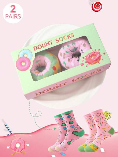 2 Pairs Multicolor Mid-Calf Gift Socks, Unisex Couples Gift Box, Soft Donut-Shaped Novelty Socks, Imaginative Food-Inspired Creative Design, Comfortable Versatile, Suitable For Birthday, Valentine's Day, Easter, Festival, Date, Family Gathering, Party, Holiday, Unique Fashion Quirky Abstract Daily Casual Wear