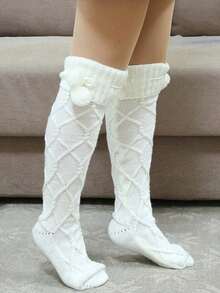 1 Pair Of Women's Knitted Wool Socks For Women With Pom Pom, Mid-Long Tube Over Knees, Autumn And Winter, Suitable For Home Wear, Cozy CAPR - White - View 3