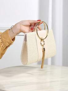优雅金属手柄编织草编手拿包，女士磁扣时尚单肩包，带可拆卸肩带 - 白色 - 查看 4