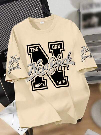 男童宽松印花T恤，“纽约市 1978”复古字母印花，“纽约”字样点缀袖口，休闲宽松版型，适合返校、街头风、日常休闲和夏季穿着。