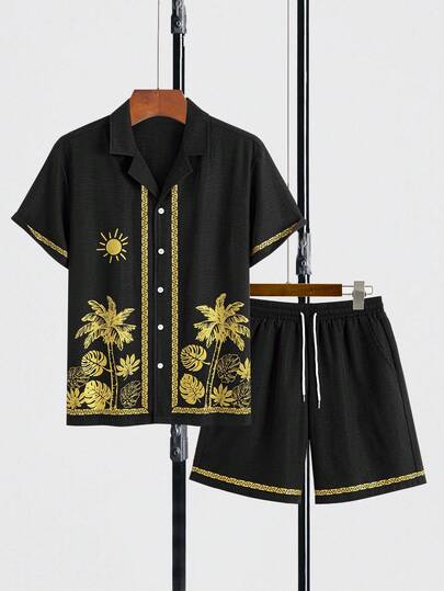 Men's Casual Loose Suit Set, Short Sleeve Full-Zip 5-Button Graphic Tee And Shorts, Two Pieces Outfit, Vacation Relaxed Style, Fashion Minimalist Design, Essential Men's Set