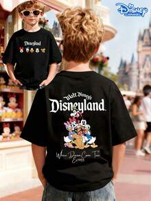 Disneyland Family Double-Sided Print Kids T-Shirt, Black Loose Crew Neck Top, Small Character Lineup Front + Mickey, Minnie & Friends Back, With "Where Dreams Come True" Slogan, Full Of Vibe, Breathable Skin-Friendly, All-Match For Summer Park & Street, Unisex - Black - View 1