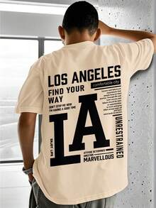 Boys' Oversized Graphic Tee, Los Angeles City Text Print, "LOS ANGELES" & "LA" Accent, Casual Loose Fit T-Shirt, For Back To School, Street Style - Apricot - View 1
