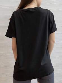 Modern, Fun, And Neutral T-Shirt With Black Doll Face Print, Casual Wear, Gift, Versatile Fashion For Holidays And Everyday Use, Gifts For Couples And Friends, 100% Cotton, 1 Piece - 黑色 - 查看 3