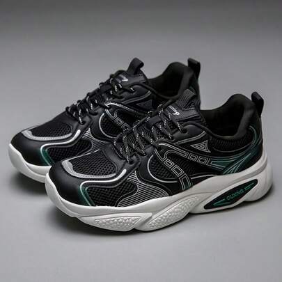 Men's Comfortable Mesh Outdoor Casual Sports Shoes, Daily Streetwear Black & White PU Leather Patchwork Low-Top Running Sneakers, All-Season Chunky Sneakers