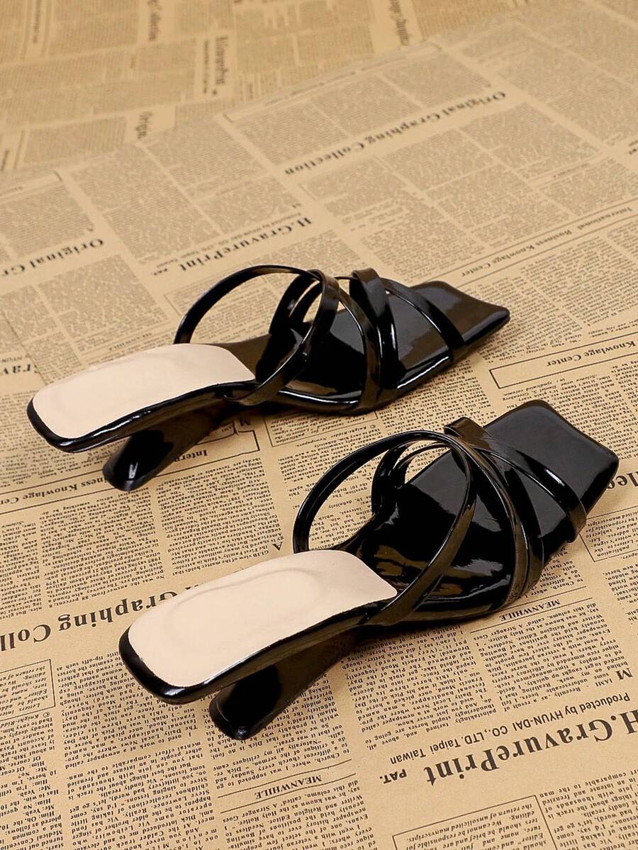 Women's Square Toe Criss-Cross Strap Black High Heel Sandals, Casual Versatile Open Heel Mule Sandals For Summer - Black - View 1