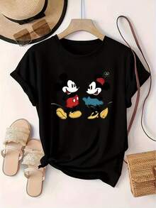 Disney  Women'S Casual Short-Sleeve T-Shirt Featuring A Popular Mickey And Minnie Print, Perfect For - 黑色 - 查看 1