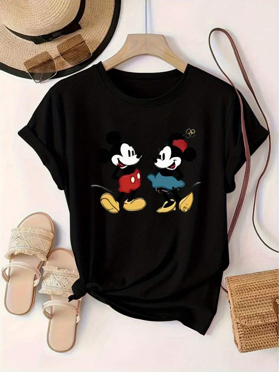 Disney Women'S Casual Short-Sleeve T-Shirt Featuring A Popular Mickey And Minnie Print, Perfect For - 黑色 - 查看 1