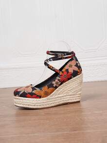 Women's Wedge & Platform Slip-On Espadrille Shoes, Black Round Toe Vacation Beach Woven Strap Sandals, Vacation Rope Bottom Elastic Band Paired With Women's Shoes - Multicolor - View 5