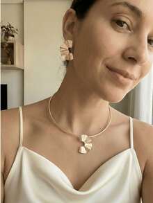 Gold And Silver Plated Choker And Fan Style Earrings Set - Fashion Accessory - Gold - View 2