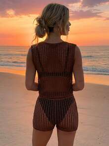 棕色钩编网眼比基尼套装，女士性感无袖露脐上衣和短裤 - 棕色 - 查看 3