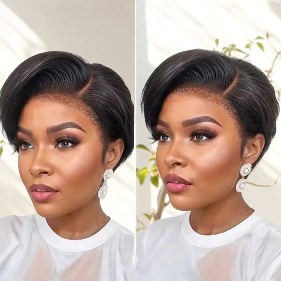 Peluca corta de encaje frontal con cabello rizado afro para mujeres, cabello humano 13x4x1 T parte encaje frontal corte pixie peluca 1B color negro sin pegamento con raya lateral y flequillo, peluca corta con capas de cabello humano sin pegamento para uso diario de mujeres - Natural Black - Ver 1