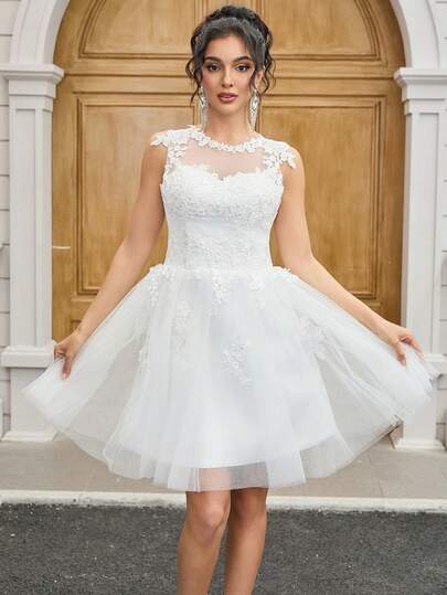 Lace Wedding Dress Bridal, Romantic Appliques Wedding Dress, Sleeveless White Dress For Women, Elegant Ball Gown, Short Wedding Dress For Women, Prom Dress Elegant For Wedding Party