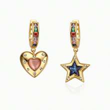 1 Pair Cat Eye Stone Asymmetric Star & Heart Pendant Earrings, Women's Gold-Tone Cubic Zirconia Dangle Earrings, Jewelry Gift For Daily Wear - Multicolor - View 8
