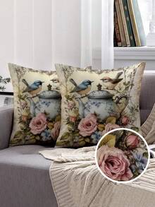 2pcs Spring Style Bird & Flower Teapot Pattern Removable Zippered Pillow Covers, Washable, No Filling, Suitable For Home Decor, Living Room, Sofa, Bedroom - Multicolor - View 1