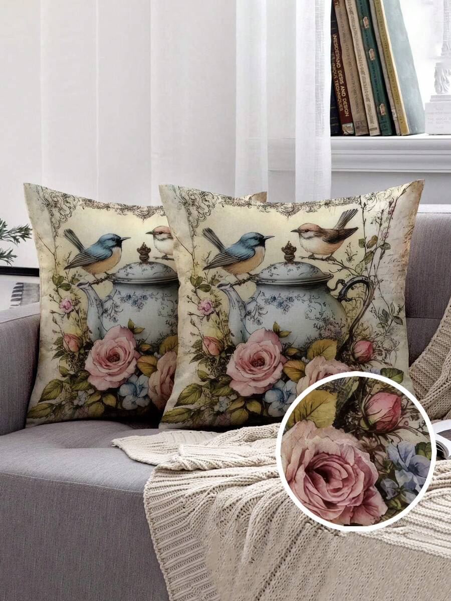 2pcs Spring Style Bird & Flower Teapot Pattern Removable Zippered Pillow Covers, Washable, No Filling, Suitable For Home Decor, Living Room, Sofa, Bedroom - Multicolor - View 1