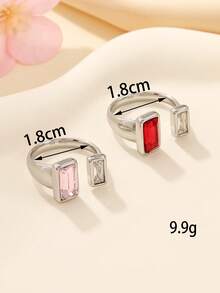 2 piezas Juego de anillos abiertos minimalistas de acero inoxidable plateado, incrustados con diamante de imitación rosas, rojos y blancos, adecuados para uso diario de mujeres o como regalo - Plateado - Ver 4