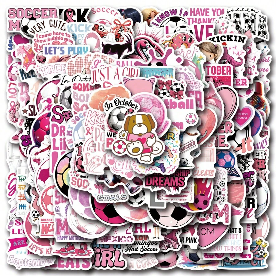 124 Pcs Pink Soccer Stickers, High Quality Stickers Decals Scrapbook, Diary, Laptop, Bumper, Skateboard, Water Bottle, Computer, Phone, Hard Hat, Car, Tablet, Bicycle Stickers - Random Style - View 1