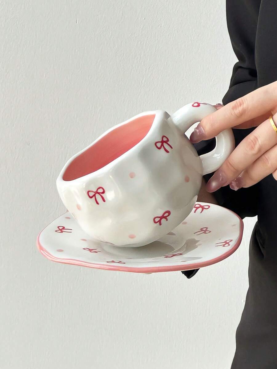 1件手繪可愛咖啡杯盤組，陶瓷材質，Ins風韓式簡約居家水杯，大容量咖啡馬克杯，適用於居家、餐廳、咖啡廳，可愛早餐杯，咖啡愛好者的理想選擇，生日與節日禮物首選