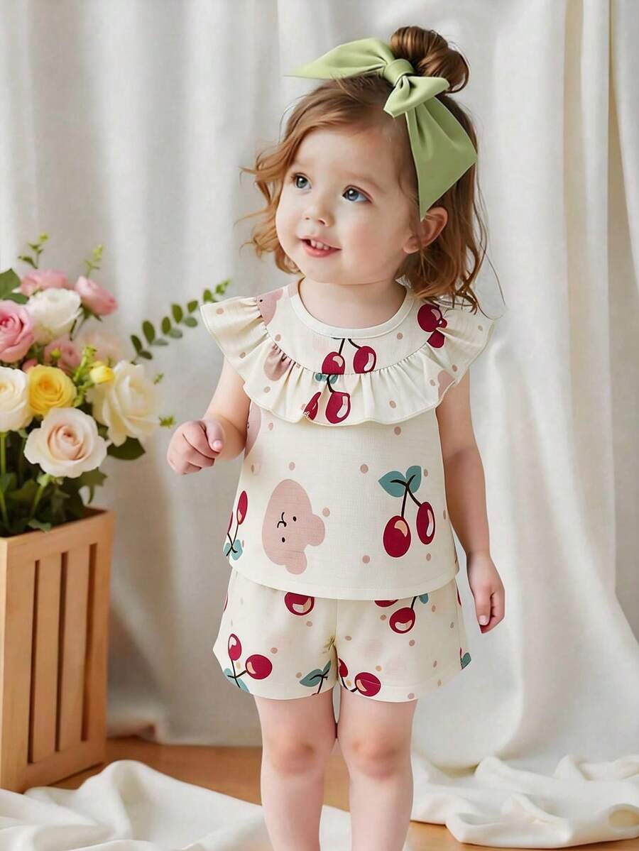 2pcs Toddler Girls' Cute Cherry Bear Print Ruffle Collar Summer Set - White - View 1