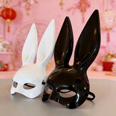 1pc Shiny Black & White Bunny Mask, Suitable For Nightclub Outfit, Halloween Party And Other Occasions