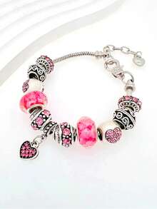 1条可调节银色镶粉色水钻串珠心形手链 - 手鐲 - 查看 4